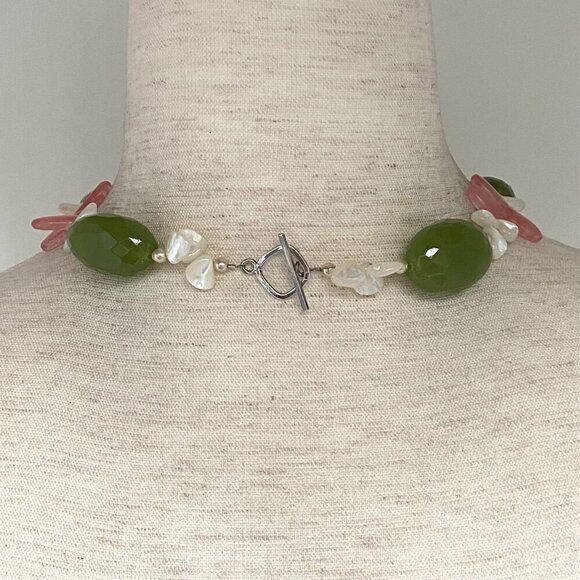 Sterling Silver 925 Beaded Oval Faceted Chrysoprase MOP & Pearl Necklace 17.5" - Picture 5 of 16